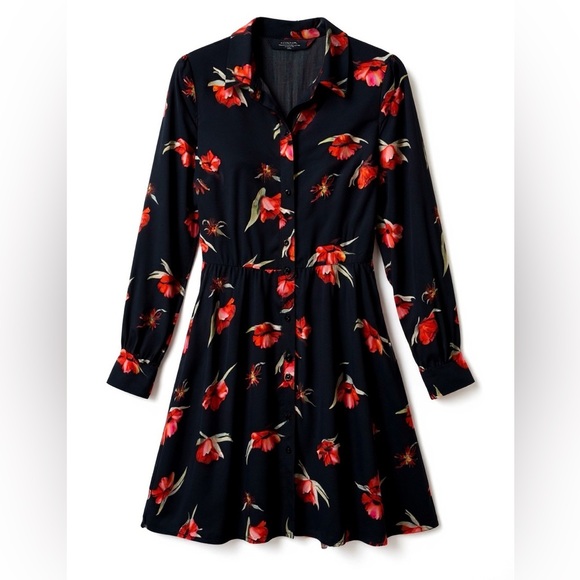 Zara Women's Black & Red Poppies Fit and Flare Long Sleeve Shirt Dress XS - Picture 3 of 10